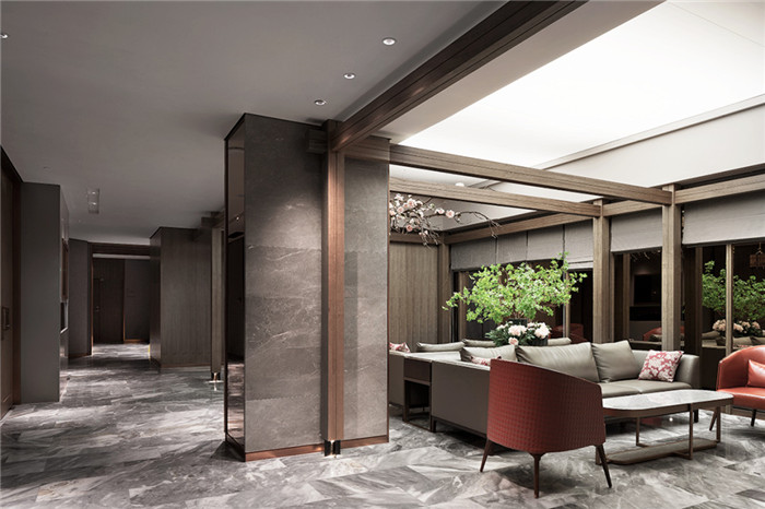江南园林主题中式特色海鲜酒楼餐厅走廊装修设计方案